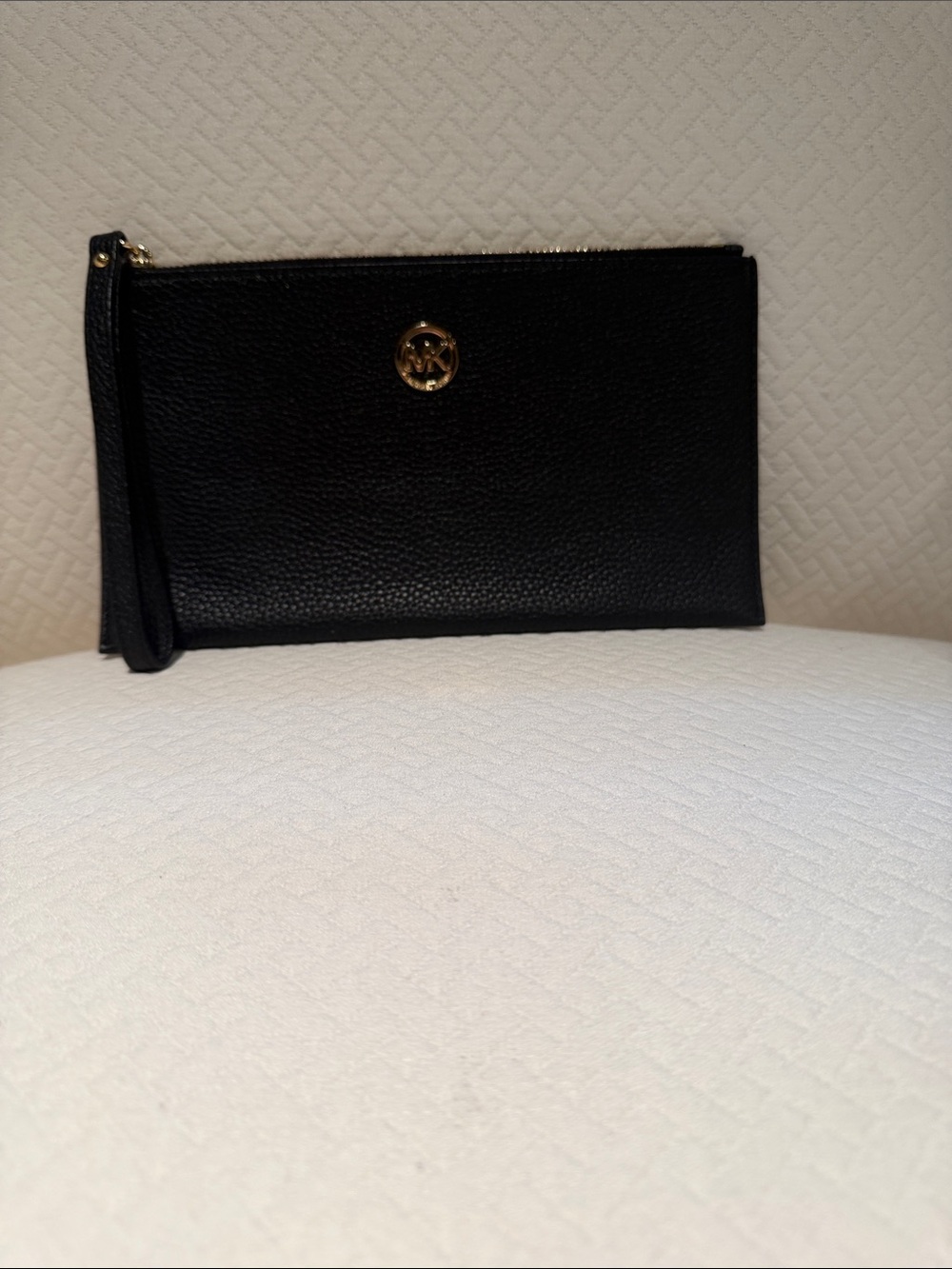 Michael Kors Black Pebbled Leather Zip Wristlet with Gold Logo